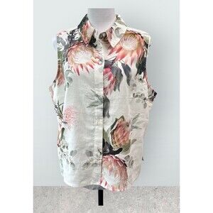 Express Shirt Sz L Ivory Floral Linen-Blend Sleeveless Button Dow Side Slits